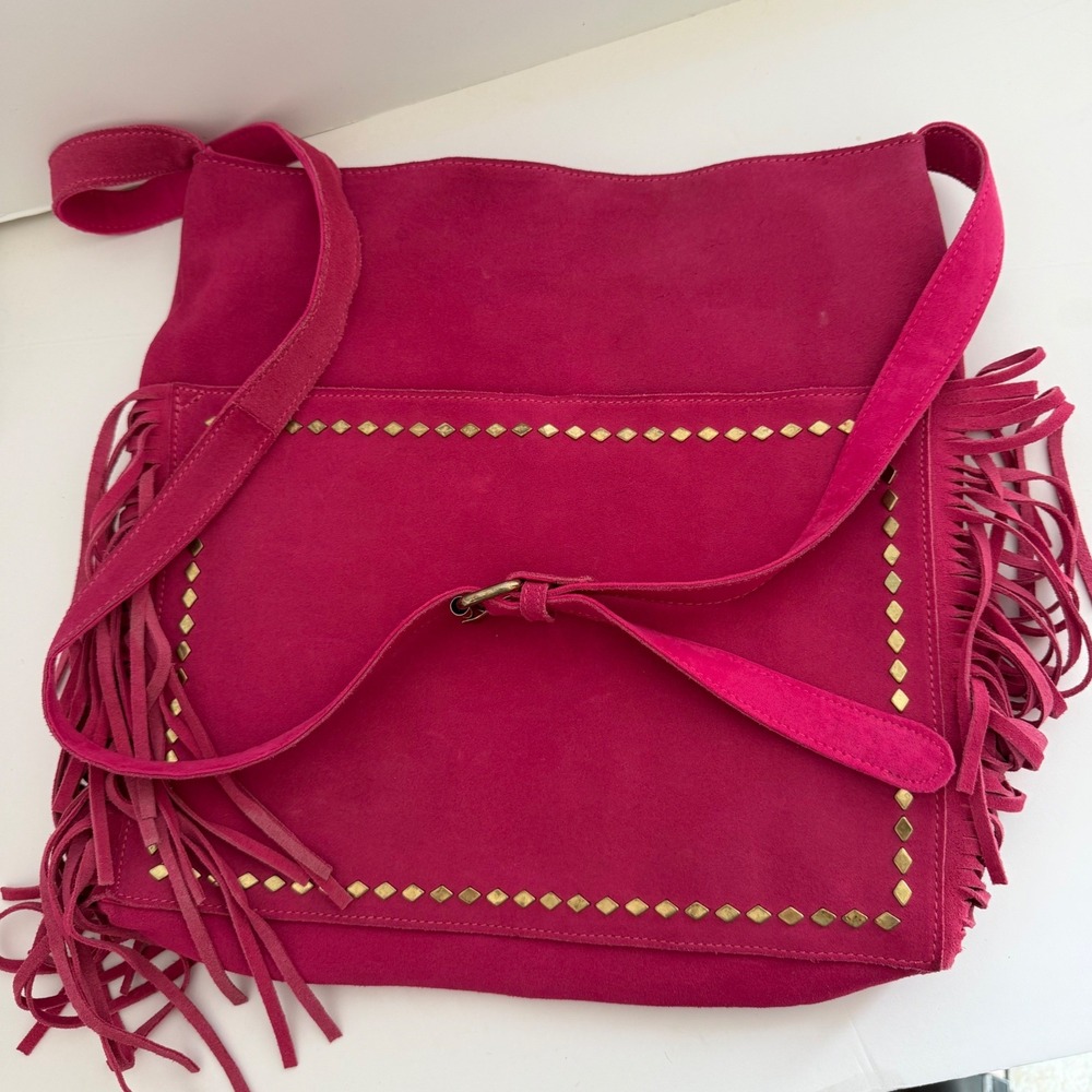 Steve Madden Pink Suede Fringe Crossbody Bag Studded Boho Festival Messenger
